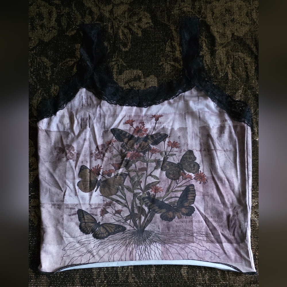 ROMWE Lavender Pink Butterfly Print Lace Trim Cami